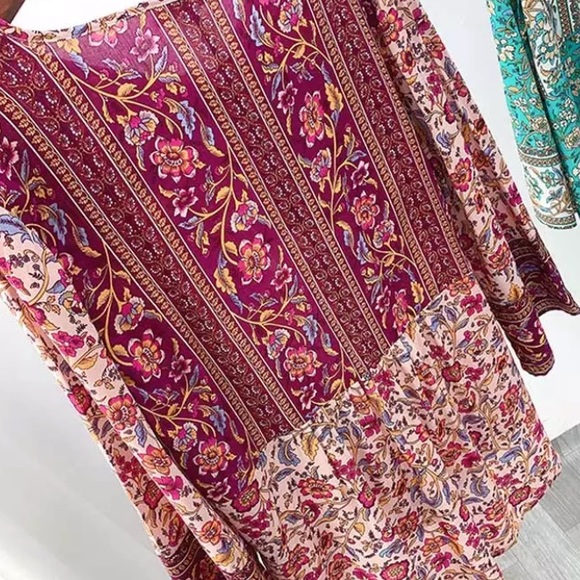 Maroon Multi Color Bohemian Floral Button Neck 3/4 Sleeve Blouse Top w/ Tie - Picture 8 of 11